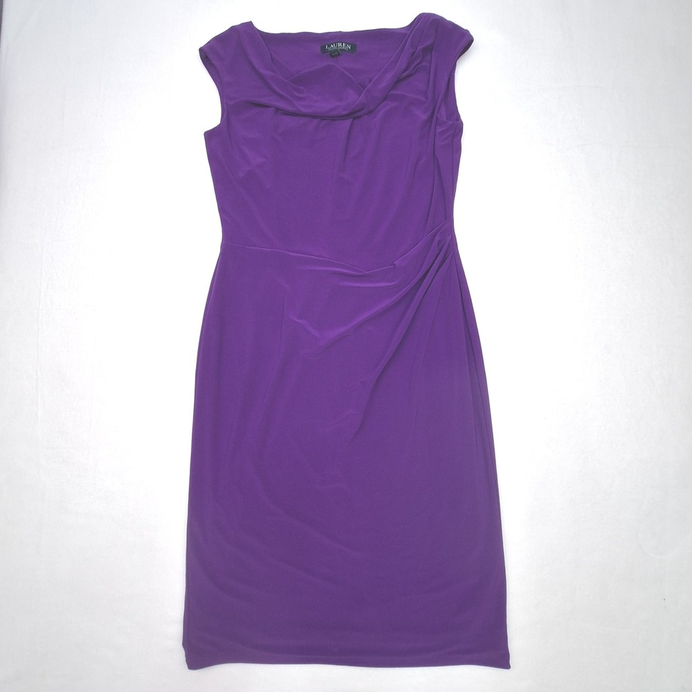 Lauren Ralph Lauren Dress Womens 4 Purple Cowl Neck Ruched Sheath Cocktail